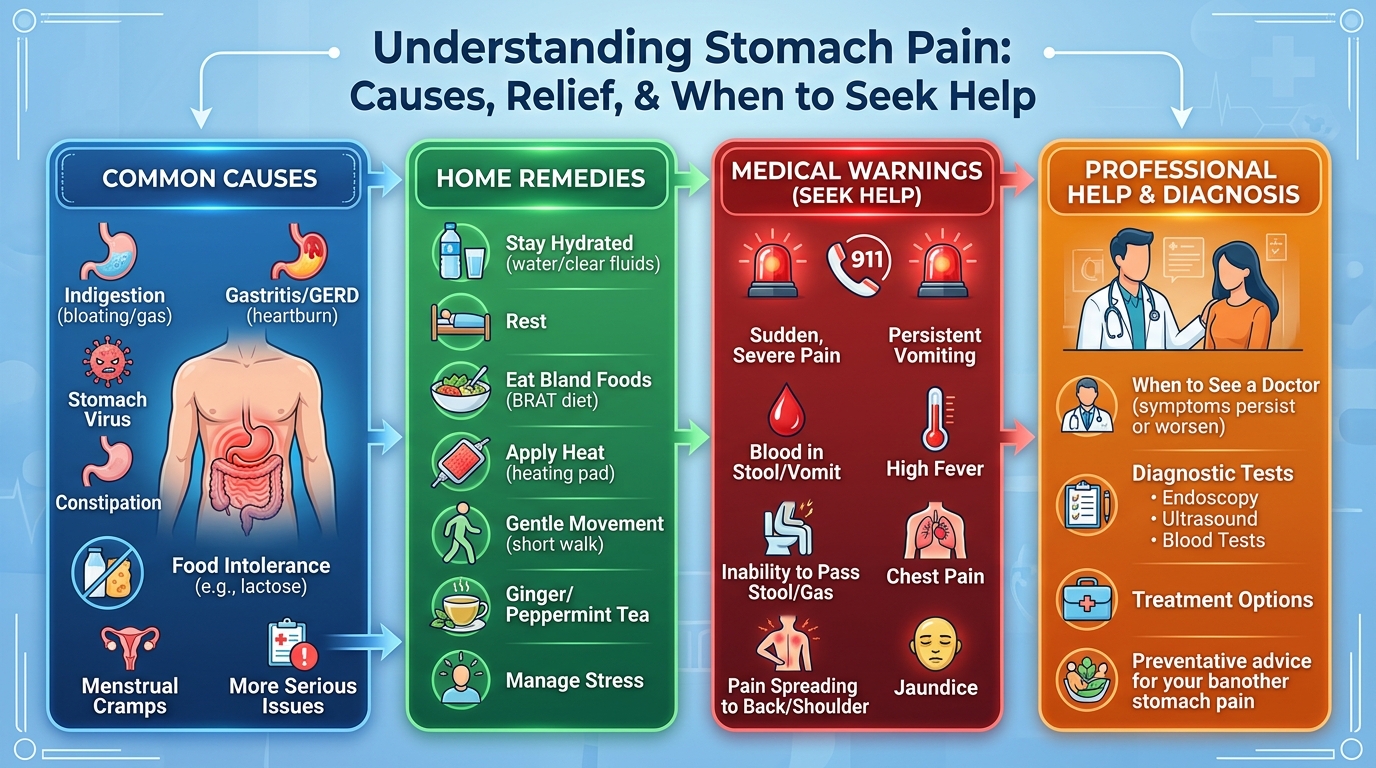Anatomy vector diagram explaining common causes and relief tips for stomach pain in the digestive system.