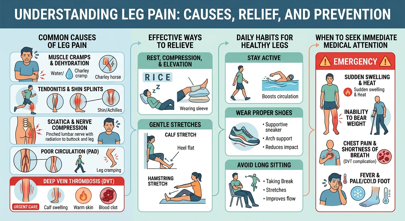 Medical infographic illustrating common causes of leg pain, home treatment methods, stretching exercises, and medical warning signs.
