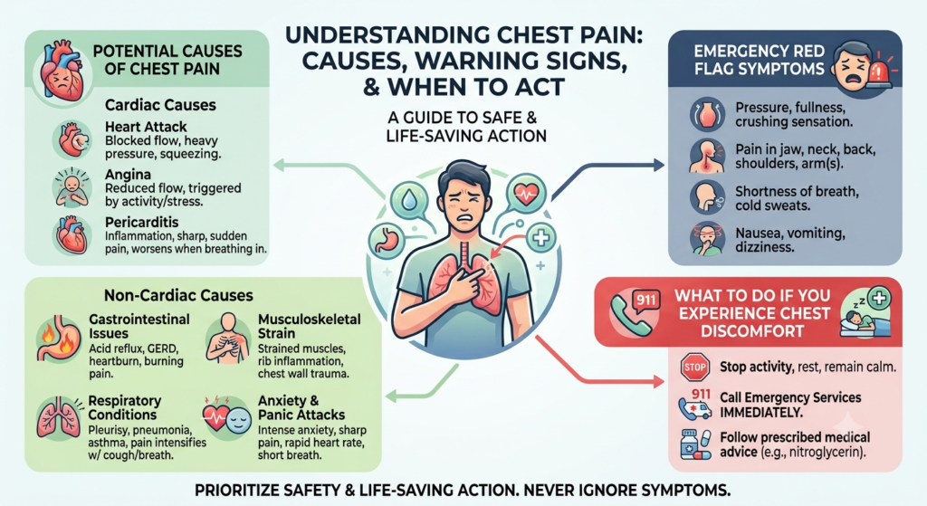 Anatomy vector diagram highlighting potential causes of chest pain across the heart, lungs, and digestive system.