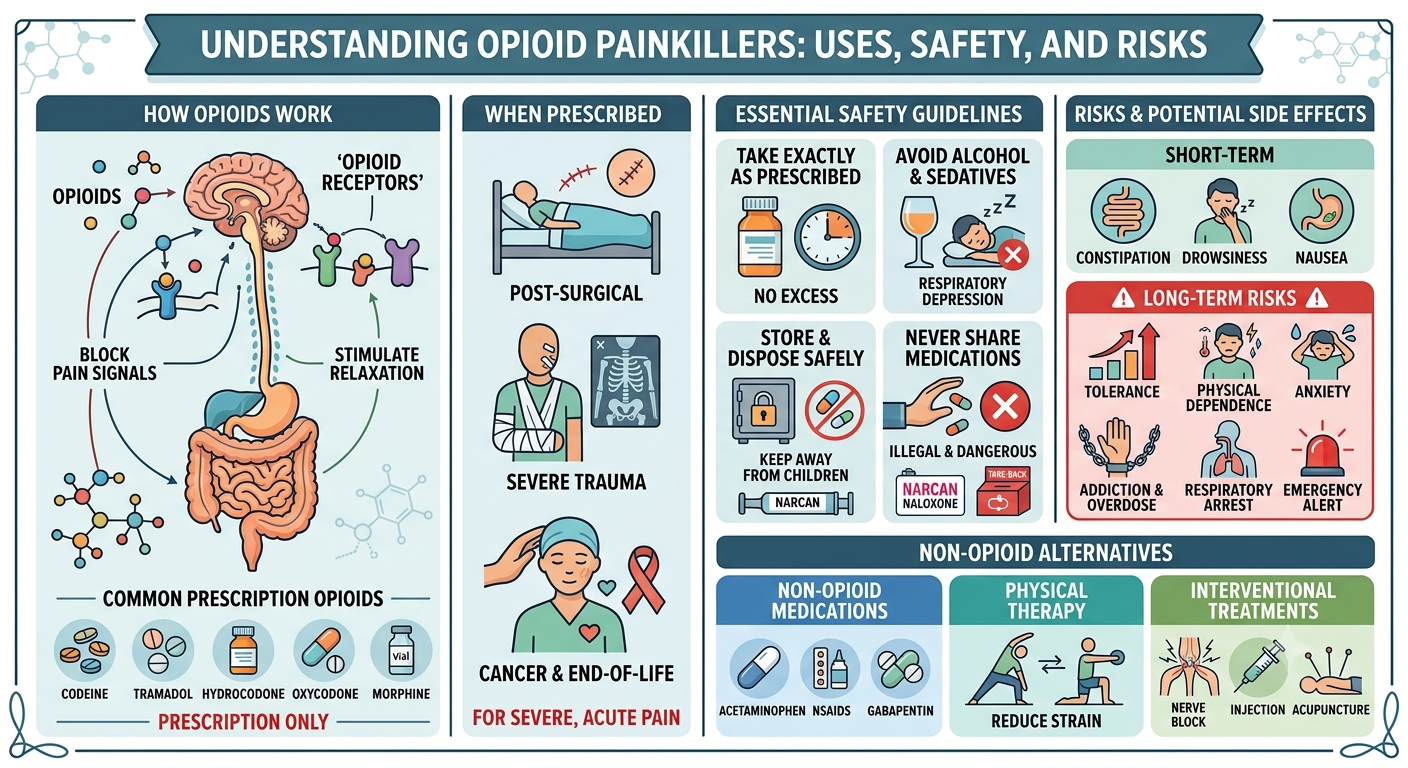 Medical infographic explaining prescription opioid painkillers, safe usage practices, side effects, risk factors, and non-opioid pain relief alternatives.