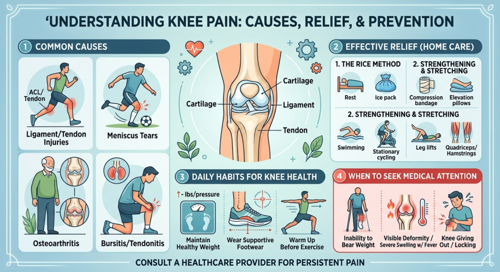 Anatomy diagram highlighting common causes of knee pain, joint relief exercises, and prevention techniques.