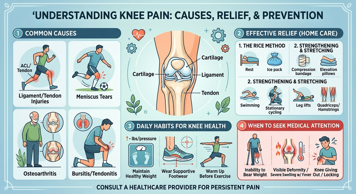Anatomy diagram highlighting common causes of knee pain, joint relief exercises, and prevention techniques.