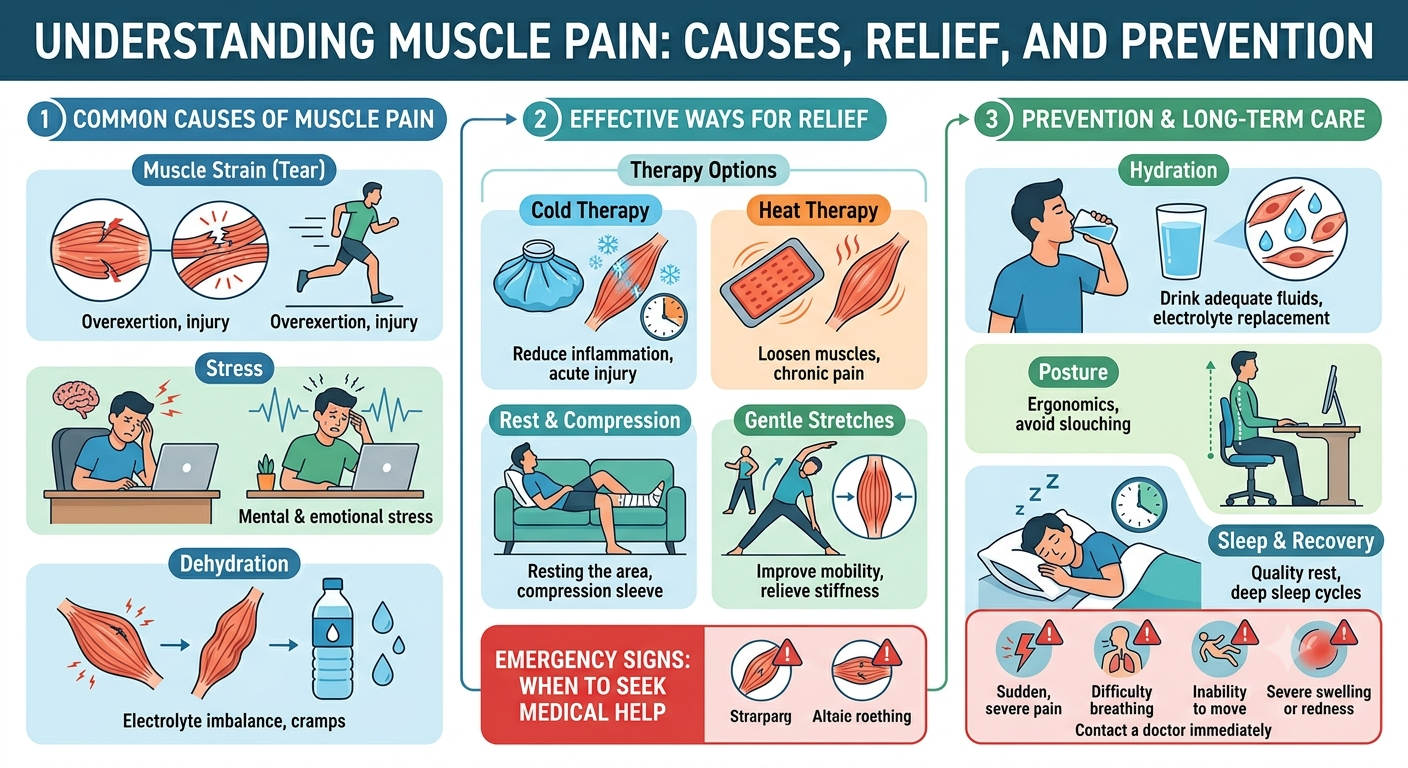 Comprehensive medical infographic illustrating common causes of muscle pain, home recovery methods, stretching techniques, and emergency warning signs.
