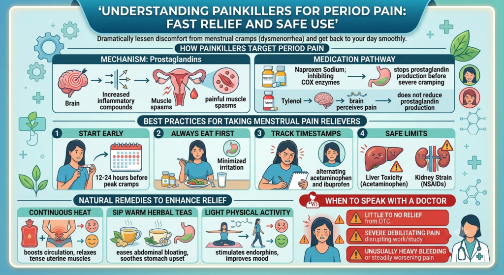 Medical infographic detailing painkillers for period pain, how NSAIDs block prostaglandins, safe usage guidelines, home remedies, and gynecologist warning signs.