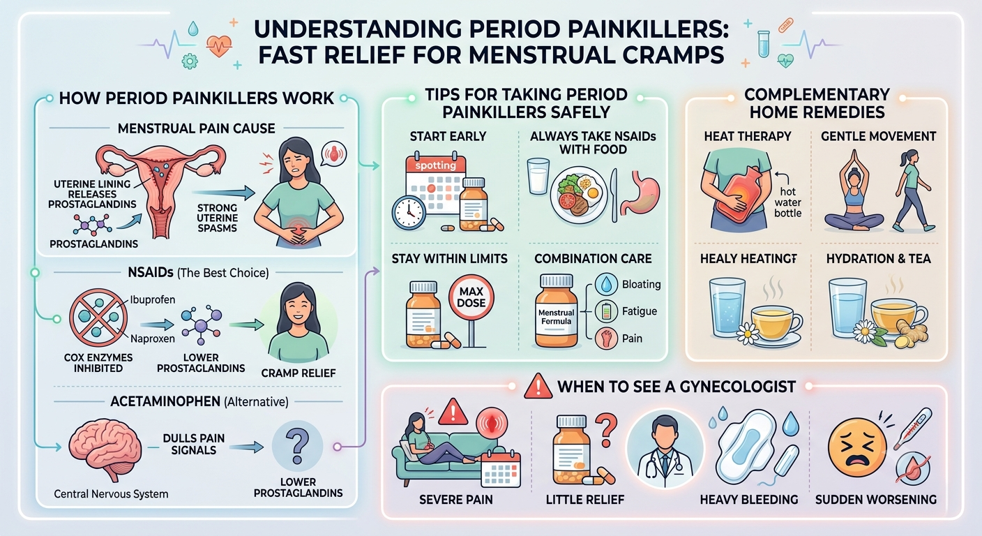 Medical infographic explaining period painkillers, how NSAIDs block prostaglandins to relieve menstrual cramps, home remedies, and medical warning signs.
