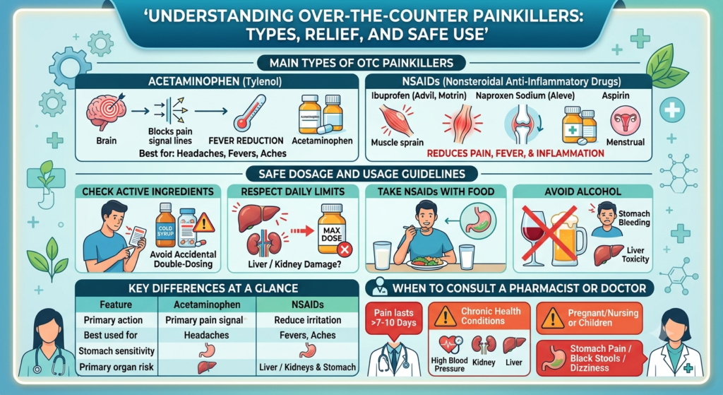 Medical infographic explaining types of over-the-counter painkillers, safe dosage guidelines, side effects, and medical warnings.
